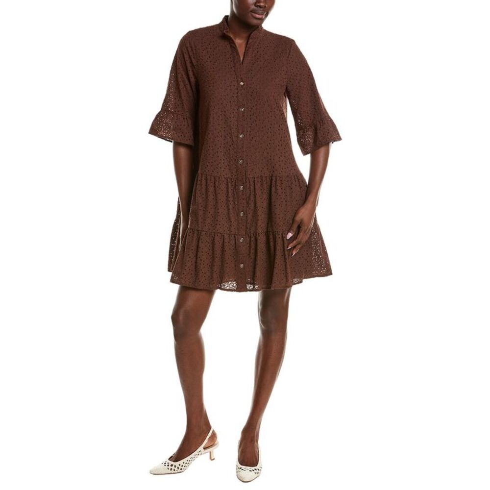 Anne Klein Womens Stand Collar Tiered Shirtdress, Brown